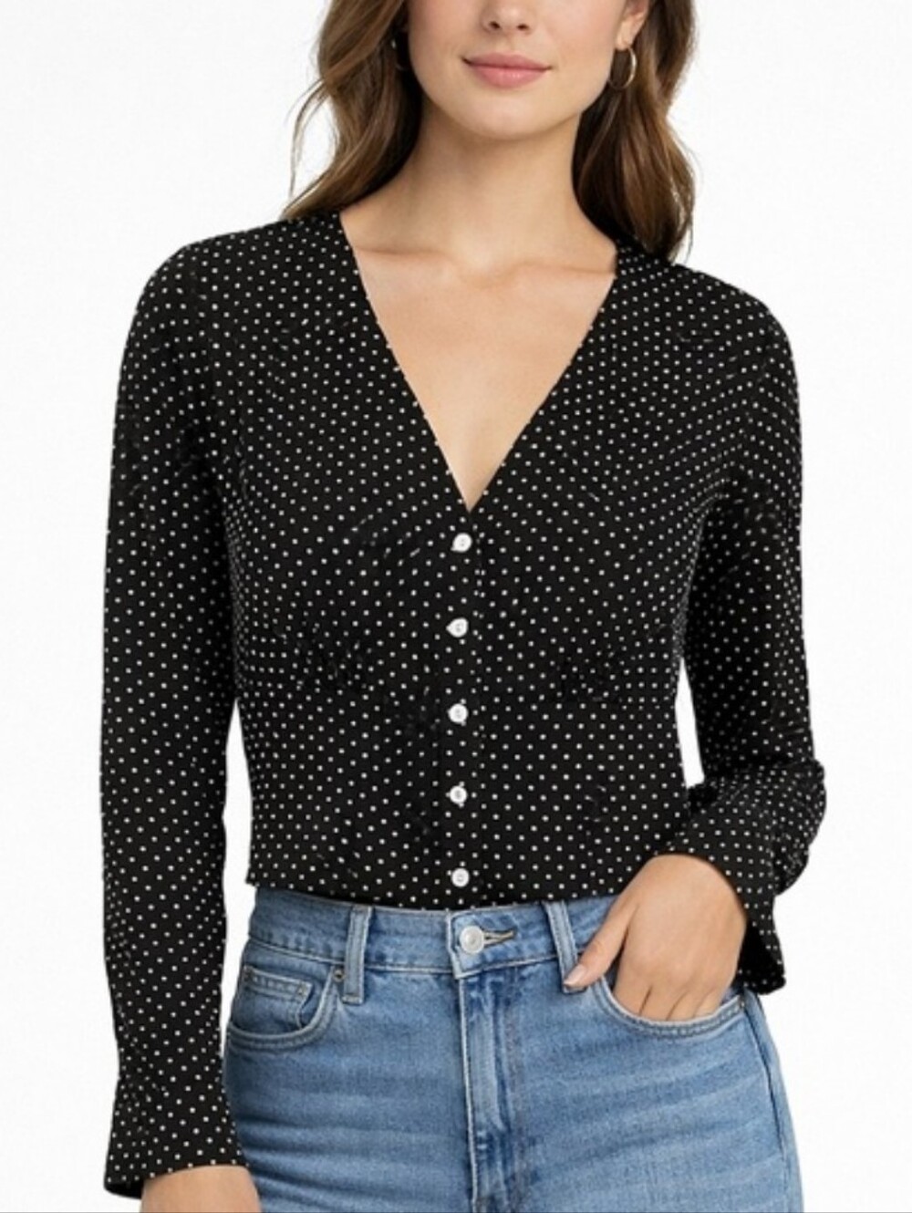 Madewell Black Polka Dot Button-Front V-Neck Top